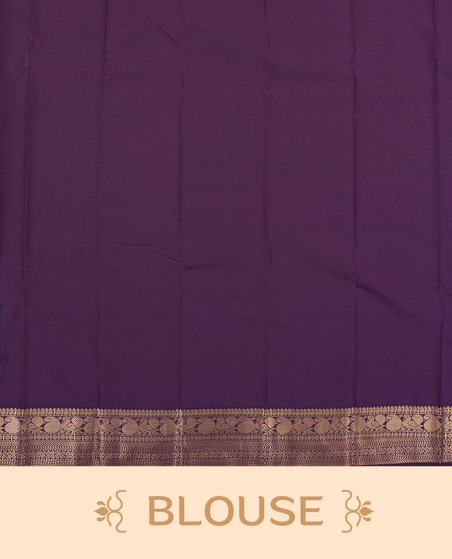 Dark pink colour Semi Silk Saree with gold zari motifs on the body, paired with a contrasting dark purple traditional pallu and border featuring peacock motifs, and completed with a matching blouse piece.
