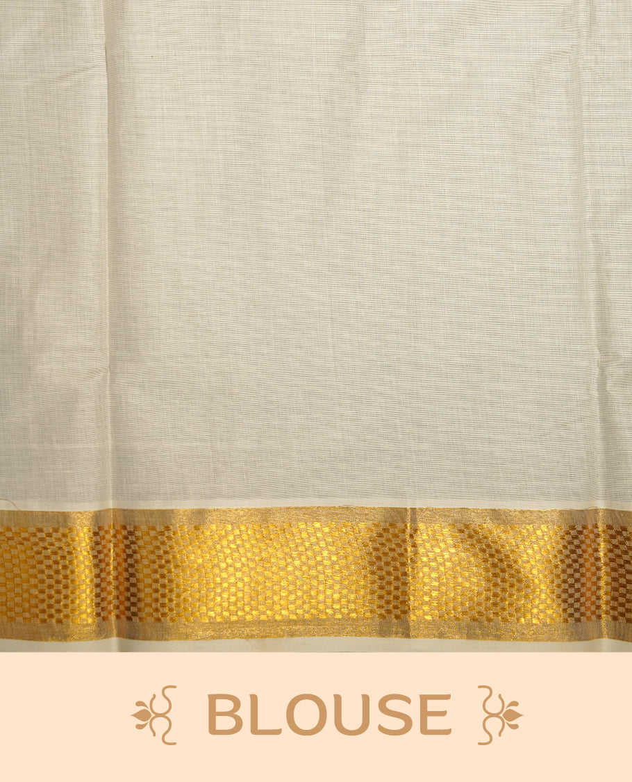 Elegant off white colour cotton Kerala saree with gold zari buttas, broad kasavu border, and richly woven traditional pallu, paired with a matching blouse