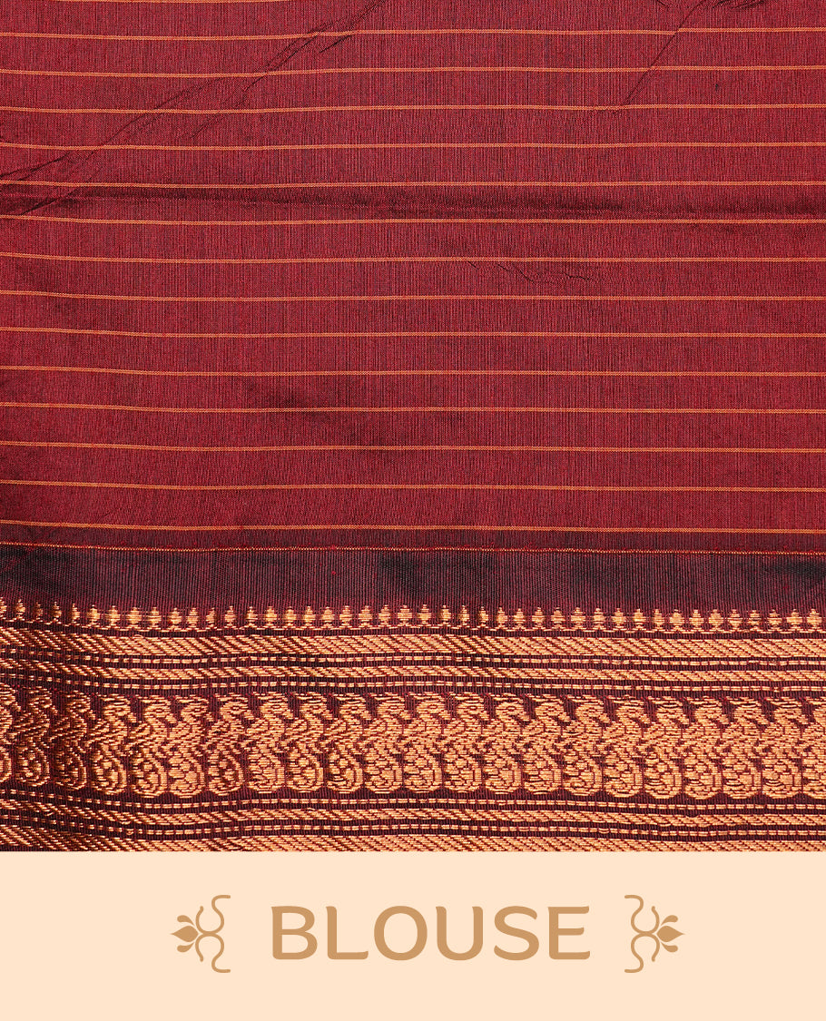 Blue colour kalyani cotton saree featuring antique zari motifs on body, complemented by Maroon colour with Antique zari border, paired with matching blouse piece.