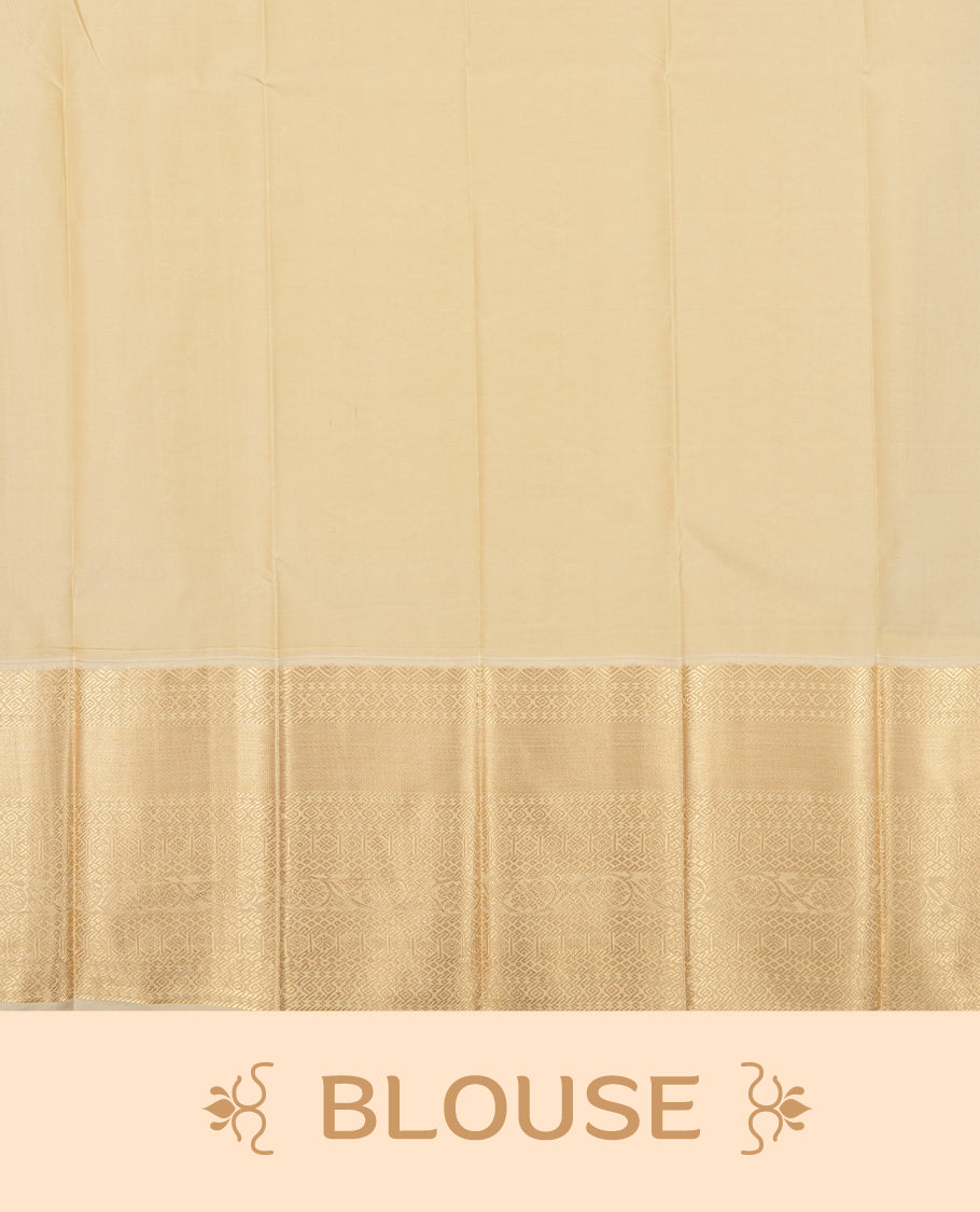 Grape purple colour Semi Silk Saree with gold zari striped patterns on the body, paired with a contrasting cream colour traditional pallu and border, and a matching blouse piece.