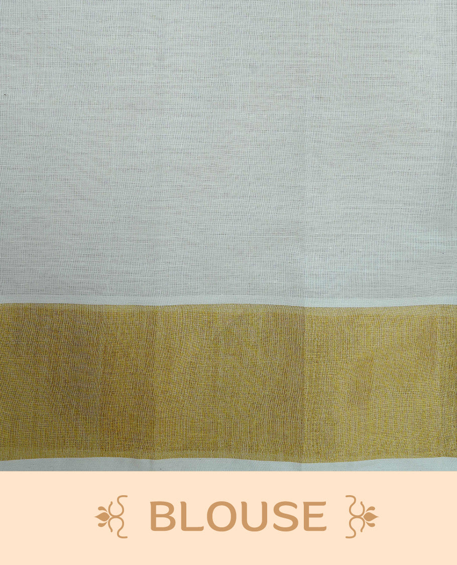 Cream Colour Cotton Kerala Saree Featuring Digital Floral Prints Across The Body, Enhanced With A Gold Zari Border, Traditional Gold Zari Pallu, Finished With Mint & White Tassels And A Matching Blouse Piece
