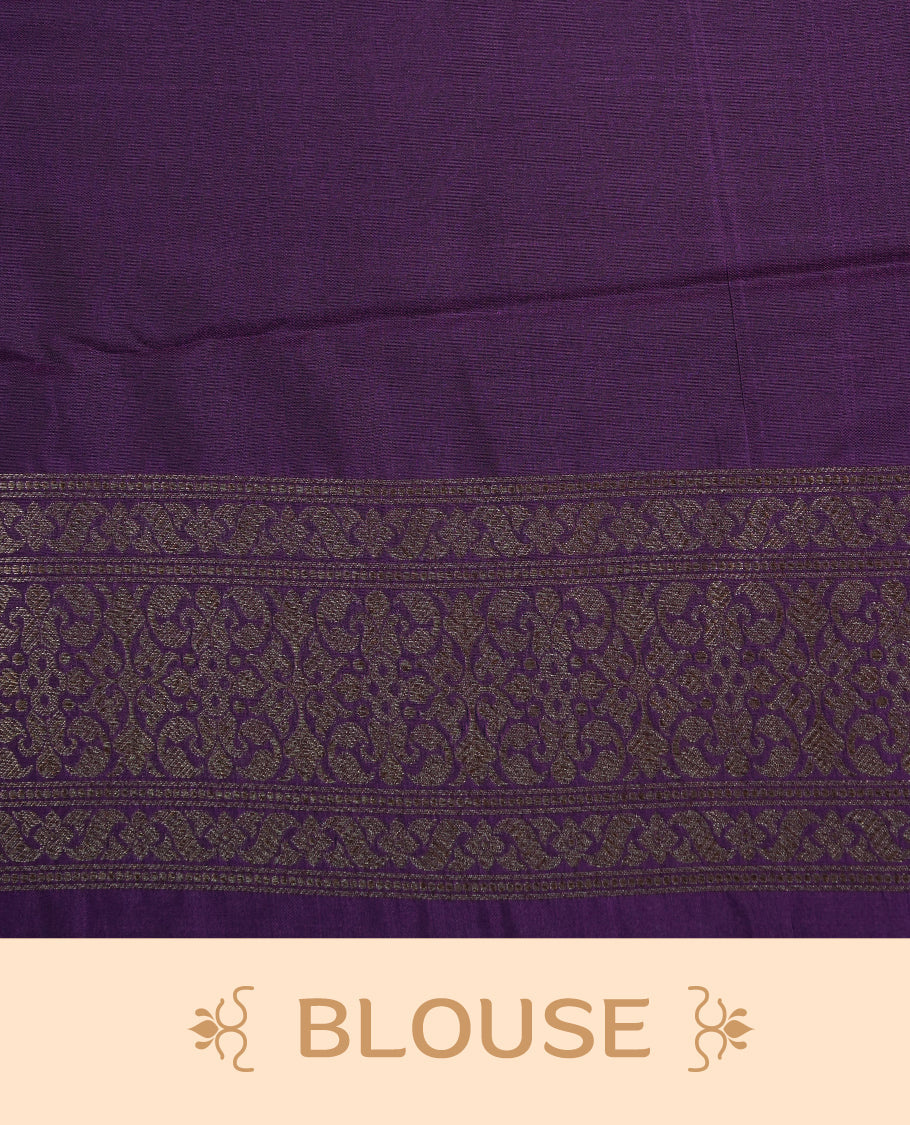 Deep Purple Colour Semi Banarasi Katan Silk Saree with Gold Zari Buti Motifs, Traditional Gold Floral Pallu, Elaborate Woven Border, Decorative Tassels with Matching Blouse