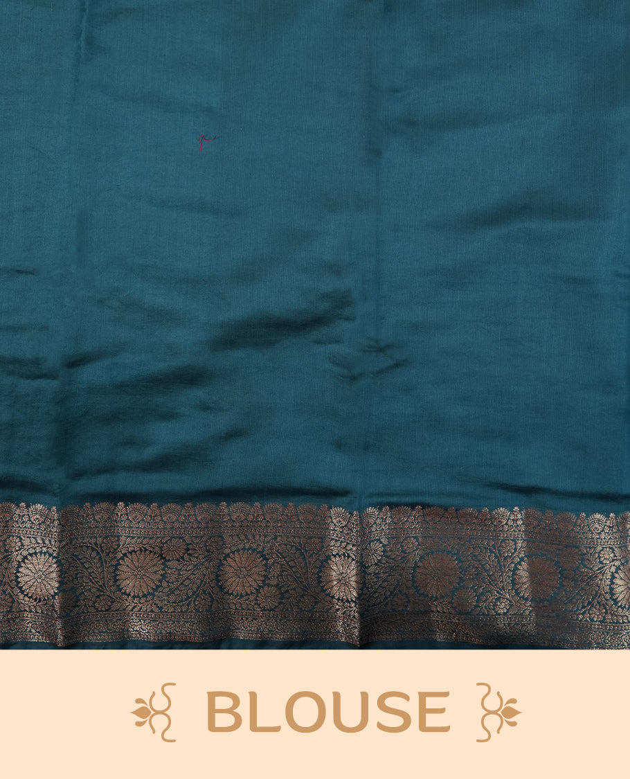 Mint Green Colour Banaras Soft Silk Saree with Gold Zari Diamond Leaf Buttas, Intricate Multi-Layered Floral Border, Grand Pallu with Ornate Sunflower Motifs in Dark Green and Gold Tones, and Matching Teal Blouse.