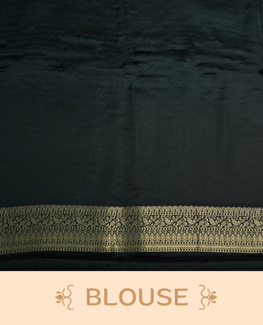 Deep Forest Green Colour Semi Banaras Satin Crepe Saree featuring Gold Zari Woven Small Buti Motifs, Intricately Designed Traditional Banarasi Border, Richly Woven Pallu with Ornate Patterns & Matching Blouse Piece