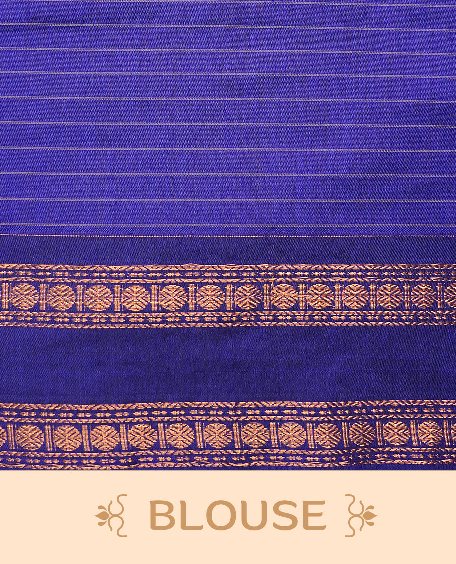 Navy blue colour kalyani cotton saree featuring gold zari strip pattern on body, complemented by self colour with Antique zari border, paired with matching blouse piece.