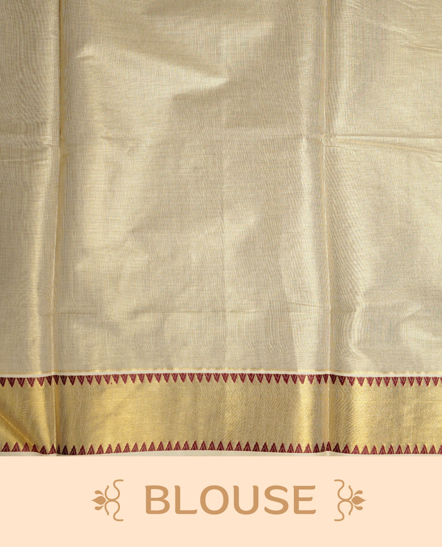 Elegant Light gold colour tissue Kerala saree with gold zari buttas, broad kasavu border with maroon temple design, and richly woven traditional pallu, paired with a matching blouse
