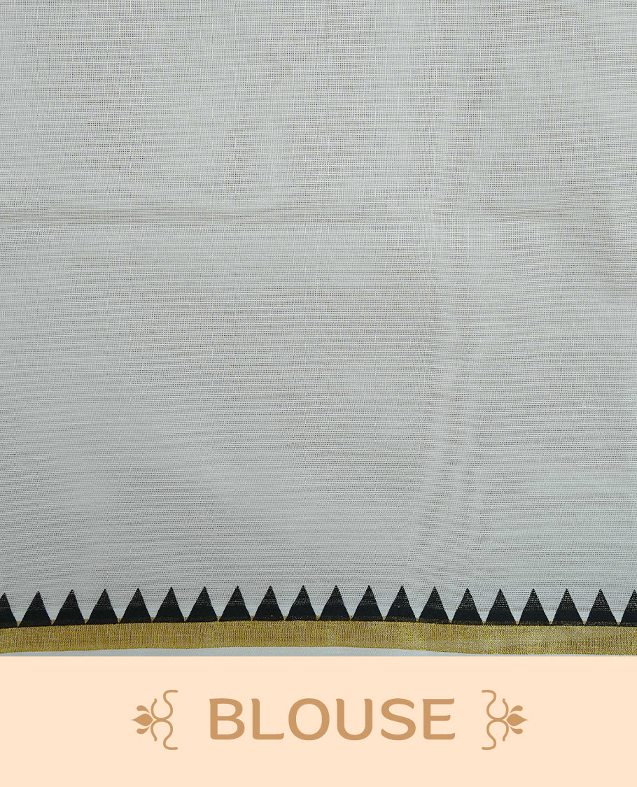 Cream Colour Cotton Kerala Saree Featuring A Gold Zari Border And Black Temple Edging, Paired With A Matching Blouse Piece