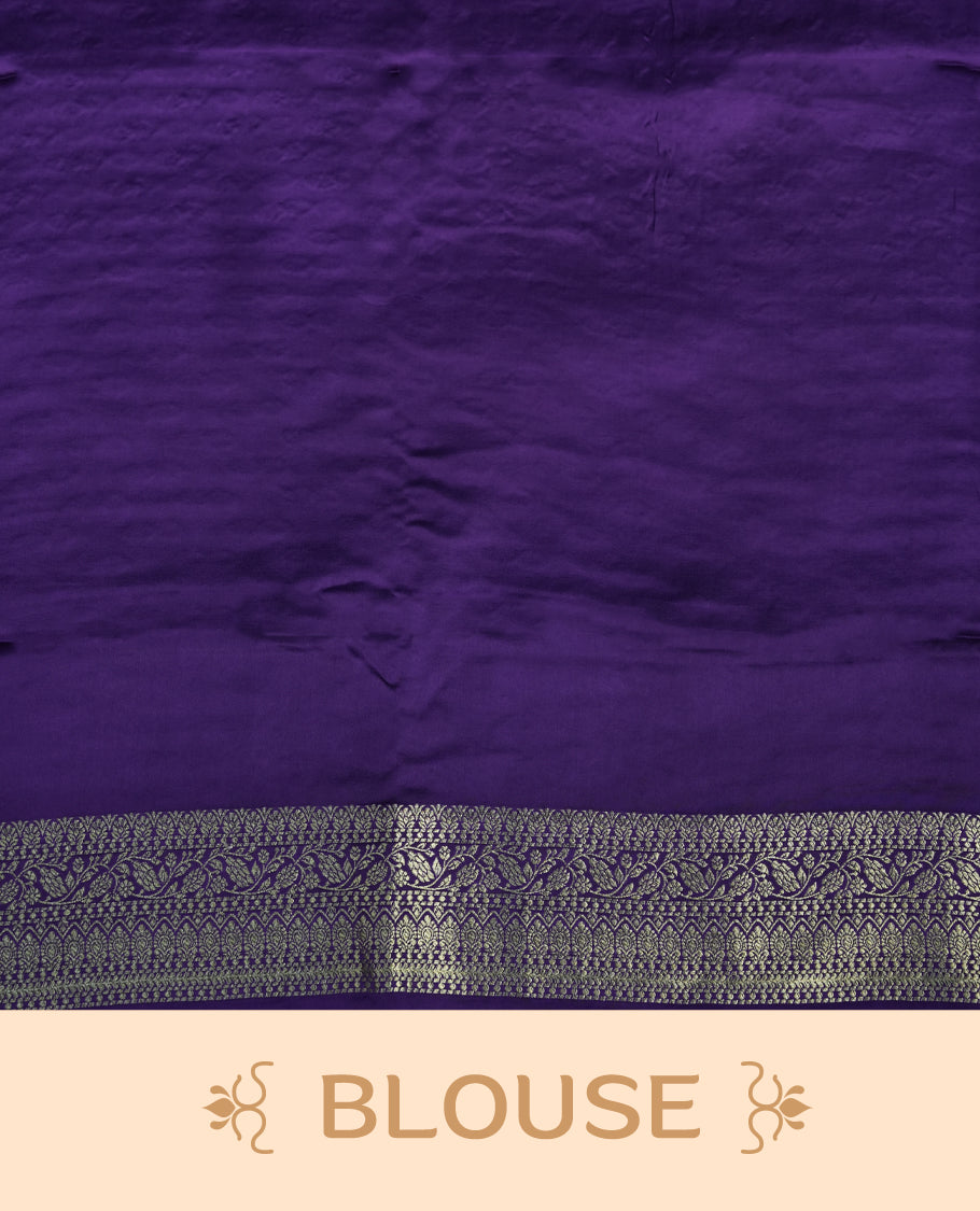 Navy Blue Colour Semi Banarasi Satin Crepe Saree with Silver Zari Buti Motifs, Traditional Gold Ornamental Pallu, Elaborate Woven Border, Decorative Tassels with Matching Blouse