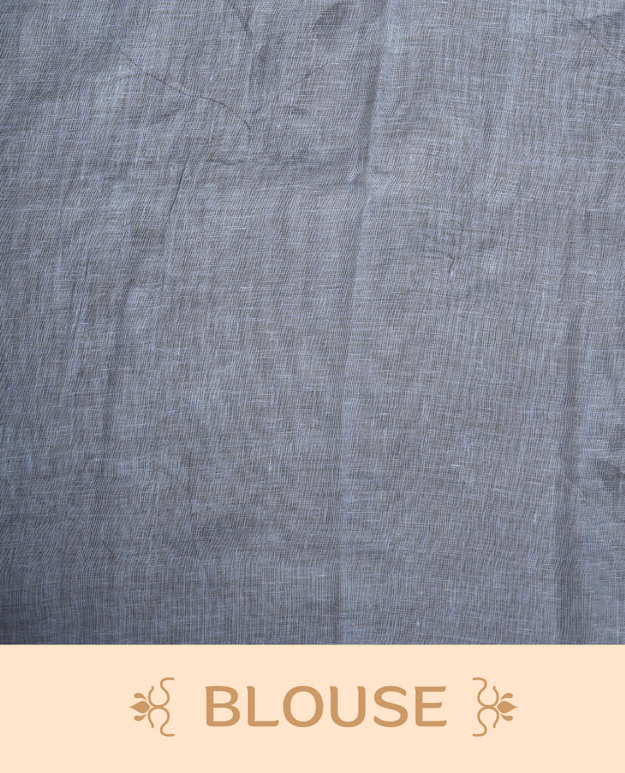 Ice blue colour pure linen saree featuring leaf print pattern across body, silver thin border finished with matching blouse.