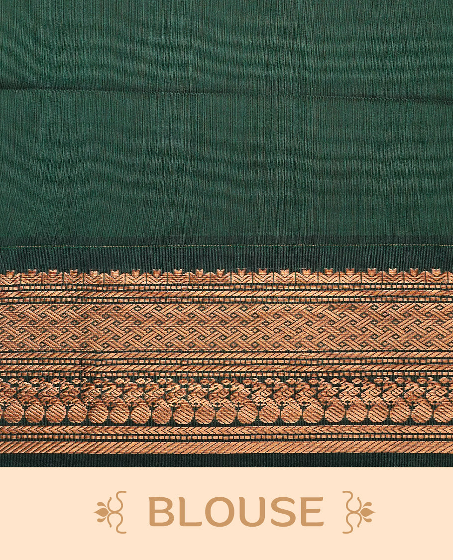 Pinkish peach colour kalyani cotton saree featuring gold zari check pattern on body, complemented by green colour with Antique zari border, paired with matching blouse piece.