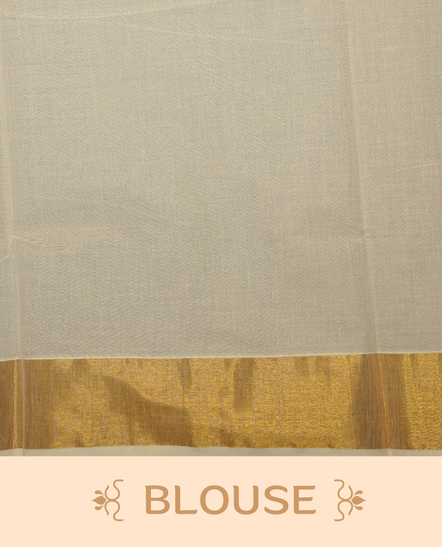 Elegant Off white colour cotton Kerala saree with gold zari buttas, broad kasavu border, and richly woven traditional pallu, paired with a matching blouse