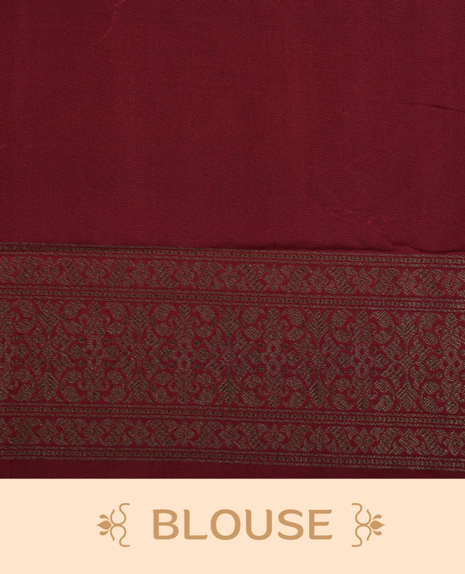 Maroon Colour Semi Banarasi Katan Silk Saree with Gold Zari Buti Motifs, Traditional Gold Floral Pallu, Elaborate Woven Border, Decorative Tassels with Matching Blouse