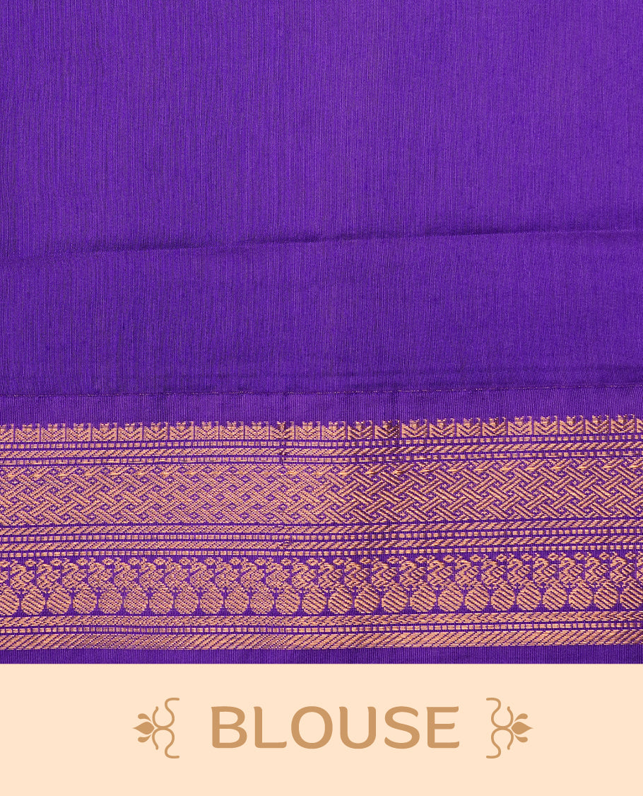 Purple colour kalyani cotton saree featuring gold zari check pattern on body, complemented by Violet colour with Antique zari border, paired with matching blouse piece.