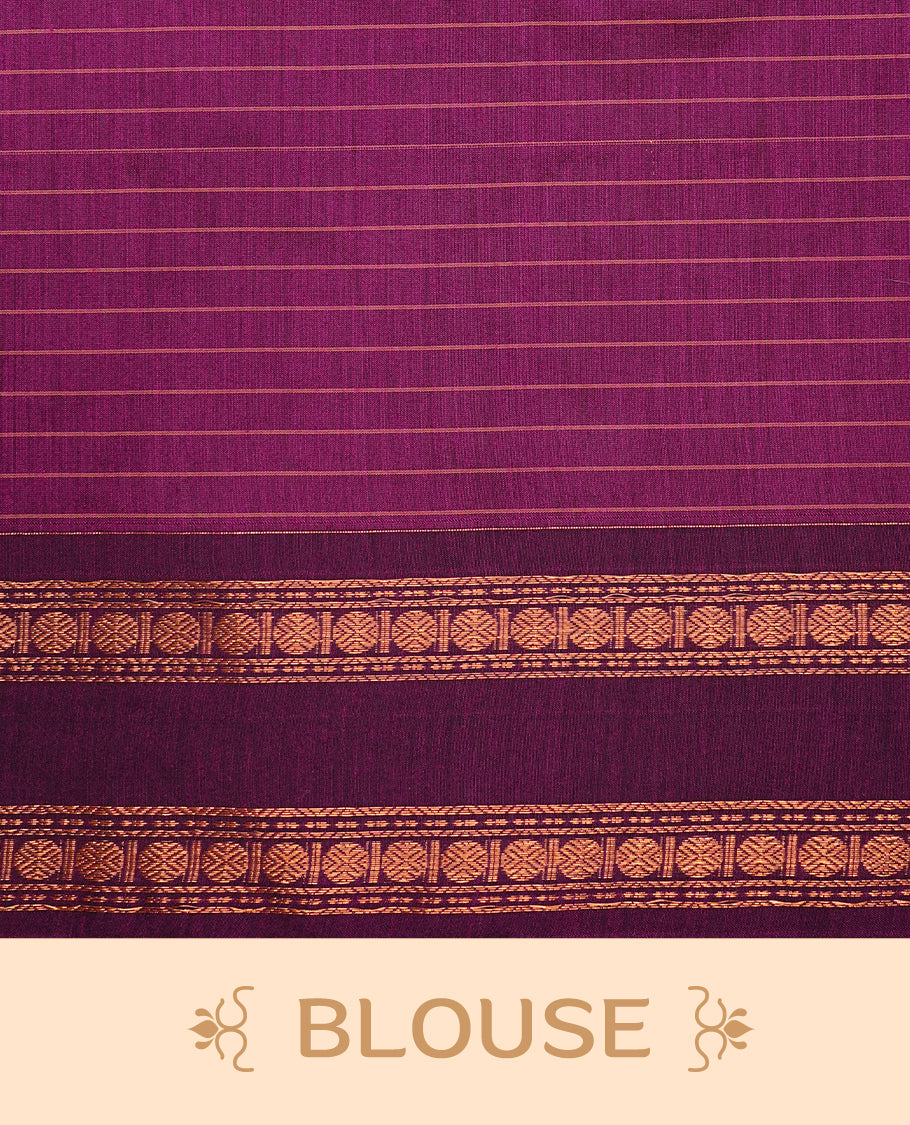 Grape colour kalyani cotton saree featuring gold zari Check pattern on body, complemented by self colour with Antique zari border, paired with matching blouse piece.
