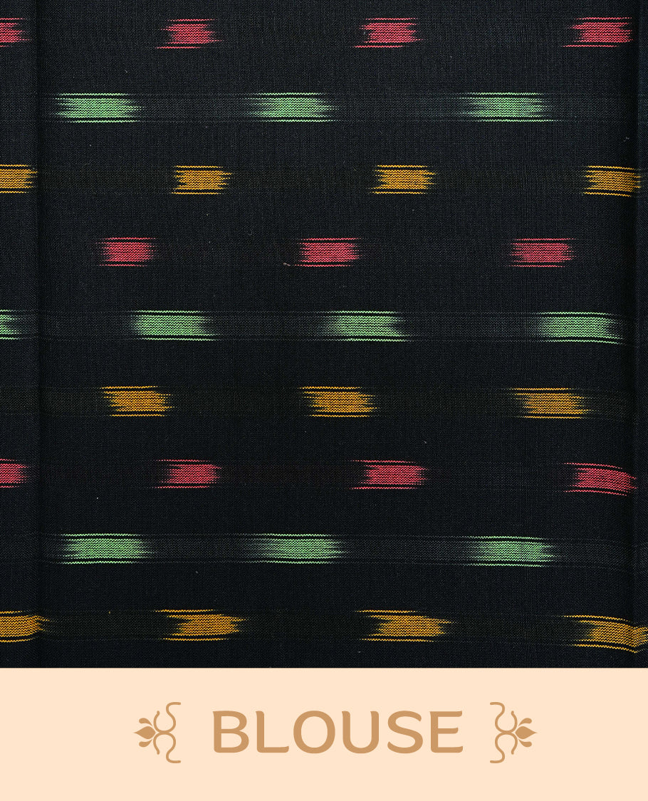 Cream Colour Kerala Saree Featuring Black Colour Geometric Motifs And A Classic Gold Zari Border, Paired With A Matching Blouse Piece.