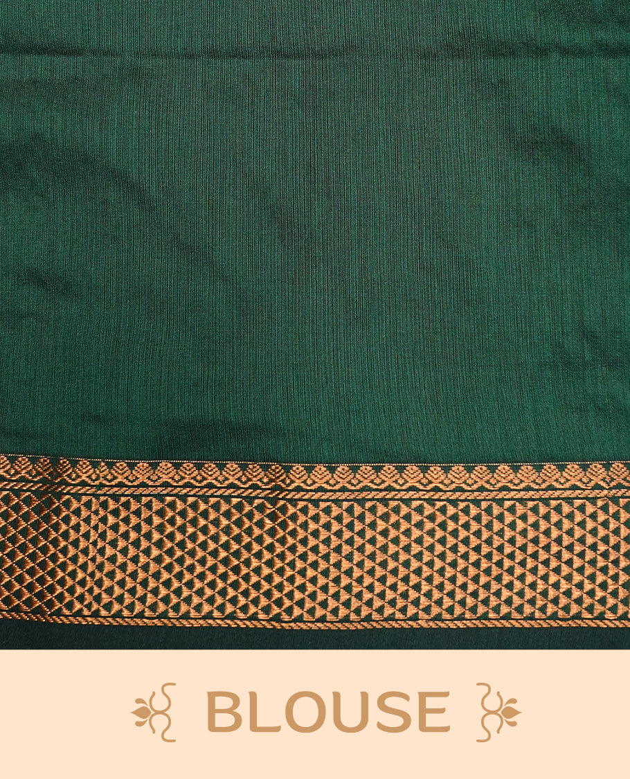 Green colour kalyani cotton saree featuring antique zari motifs on body, complemented by Self colour with Antique zari border, paired with matching blouse piece.