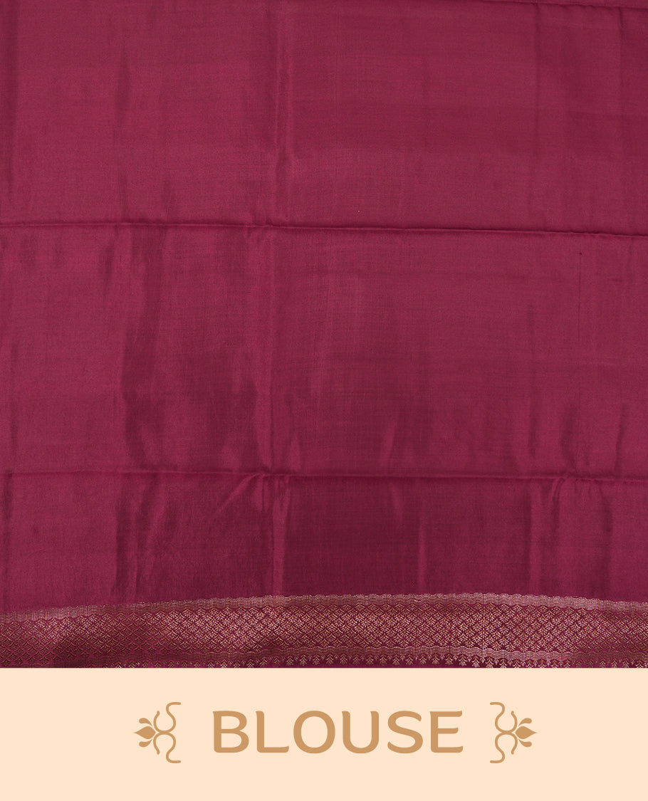 Cream Colour Banaras Soft Silk Saree with Gold Zari Oval Leaf Buttas, Intricate Multi-Layered Floral Border, Grand Pallu with Intricate Brocade Motifs in Deep Maroon and Gold Tones, and Matching Blouse.