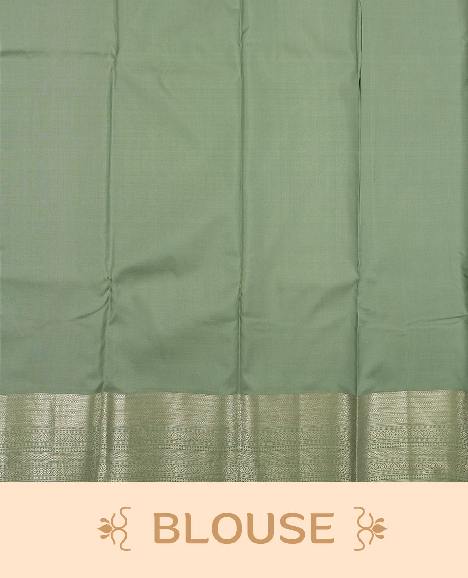 Pastel Mint colour semi soft silk saree featuring a self coloured golden textured patterned body, complemented by self coloured with gold traditional motifs on pallu & border and a matching blouse piece.