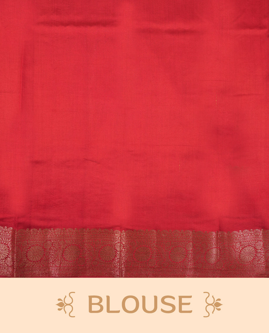 Soft Pink Colour Banaras Soft Silk Saree with Gold Zari Rounded Diamond Buttas, Intricate Multi-Layered Floral Border, Grand Pallu with Intricate Floral Motifs in Deep Red and Gold Tones, and Matching Blouse.