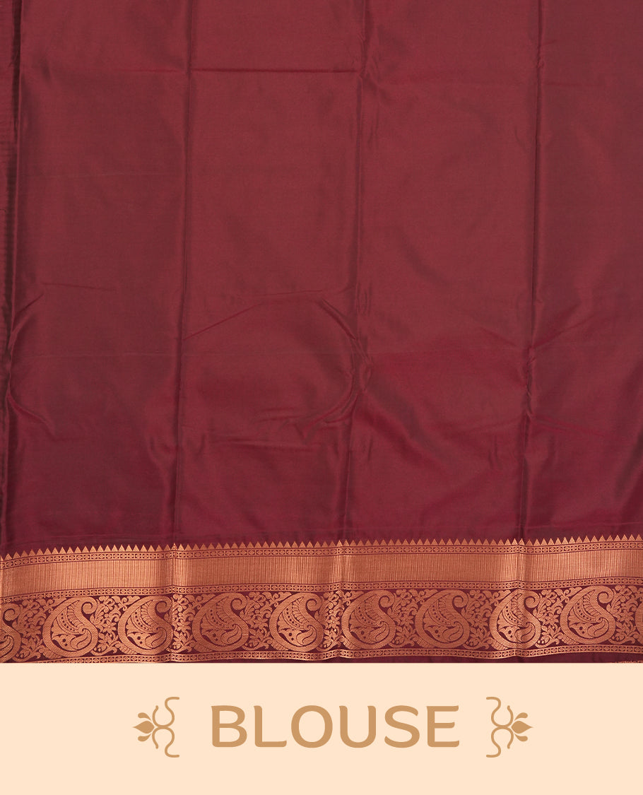 Mehandi colour Semi Silk Saree with copper zari stripes on the body, paired with a contrast dark brown colour pallu with copper zari traditioal border, and a matching blouse piece.