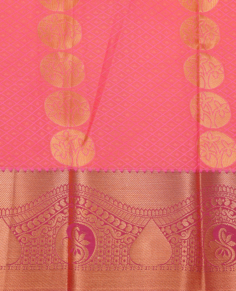 Pink colour Semi silk saree Featuring Gold zari motifs on body, complemented by contrast Maroon colour with gold zari border, paired with matching blouse piece.