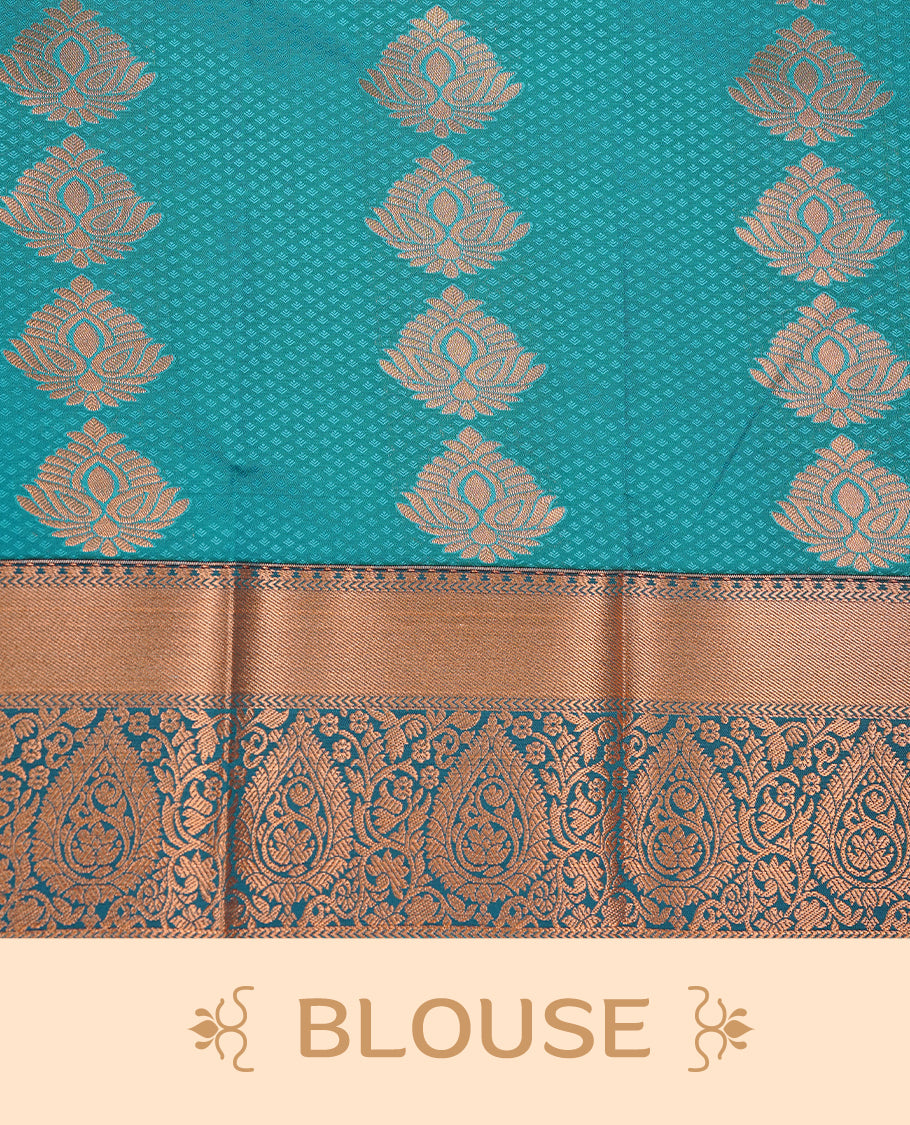 Green colour Semi silk saree Featuring gold zari motifs on body, complemented by Self colour with gold zari border, paired with matching blouse piece.