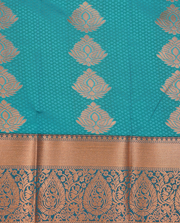 Green colour Semi silk saree Featuring gold zari motifs on body, complemented by Self colour with gold zari border, paired with matching blouse piece.