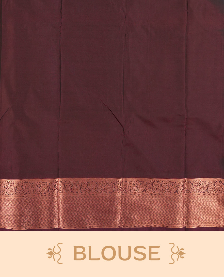 Dark blue colour Semi Silk Saree with copper zari checkered on the body, paired with a contrast chocolate brown colour pallu with copper zari traditioal border, and a matching blouse piece.