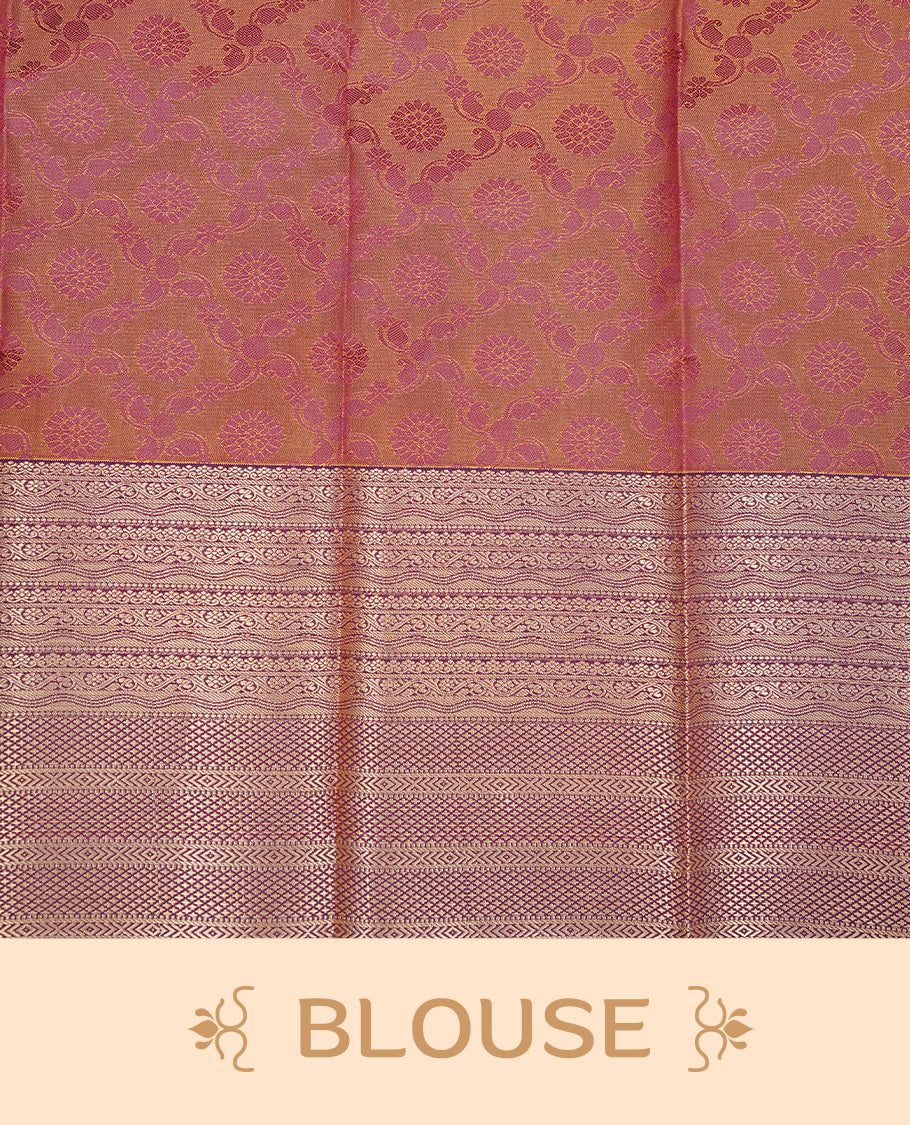 Maroon & gold colour Semi silk saree Featuring self colour zari motifs on body, complemented by contrast burgundy colour with gold zari border, paired with matching blouse piece.