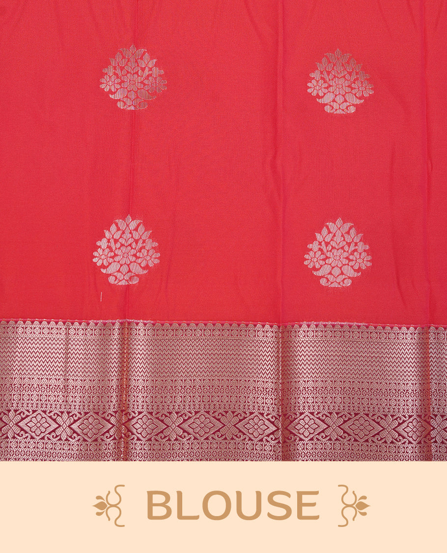 Red colour Semi silk saree Featuring gold zari motifs on body, complemented by contrast maroon colour with gold zari border, paired with matching blouse piece.