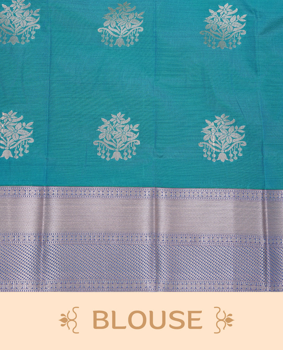 Green colour Semi silk saree Featuring gold zari motifs on body, complemented by contrast Peacock colour with gold zari border, paired with matching blouse piece.