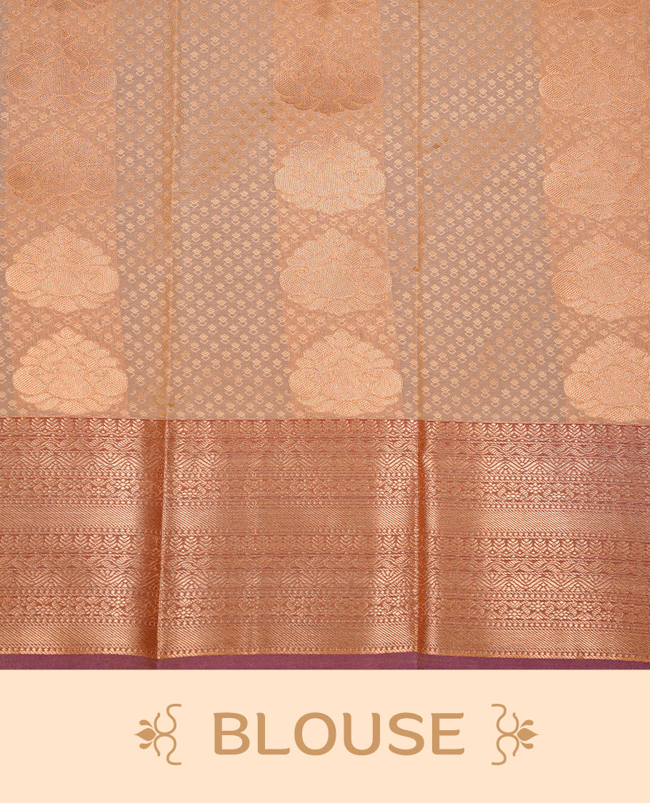 Beige colour Semi silk saree Featuring gold zari motifs on body, complemented by contrast Pastel maroon colour with gold zari border, paired with matching blouse piece.