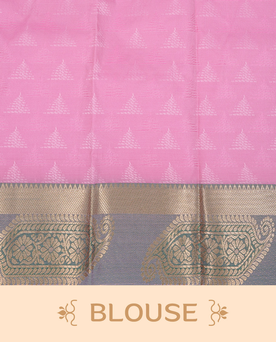Baby pink colour Semi silk saree Featuring self colour zari motifs on body, complemented by contrast green colour with gold zari border, paired with matching blouse piece.