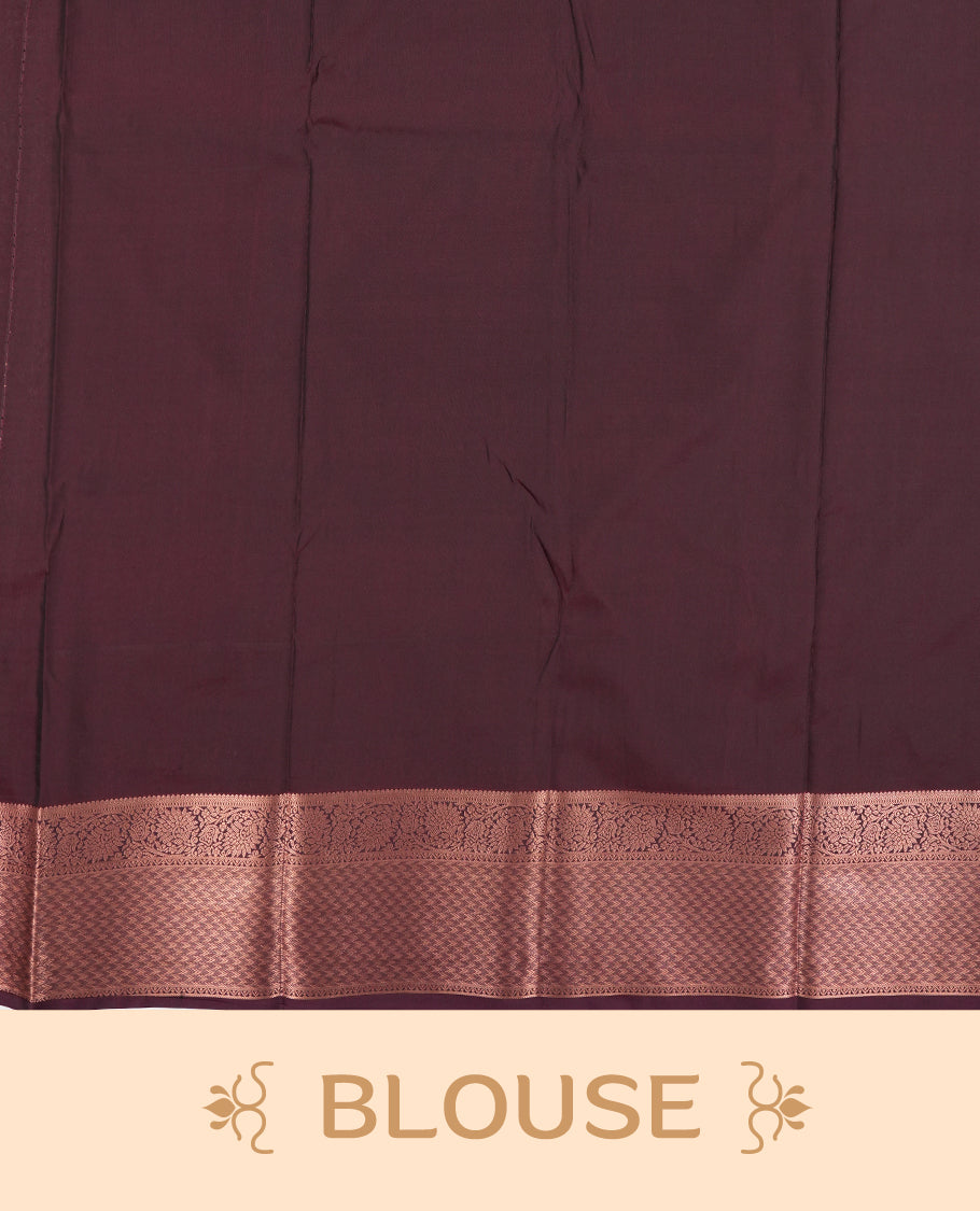 Dusty purple colour Semi Silk Saree with copper zari checkered on the body, paired with a contrast Dark maroon colour pallu with copper zari traditioal border, and a matching blouse piece.