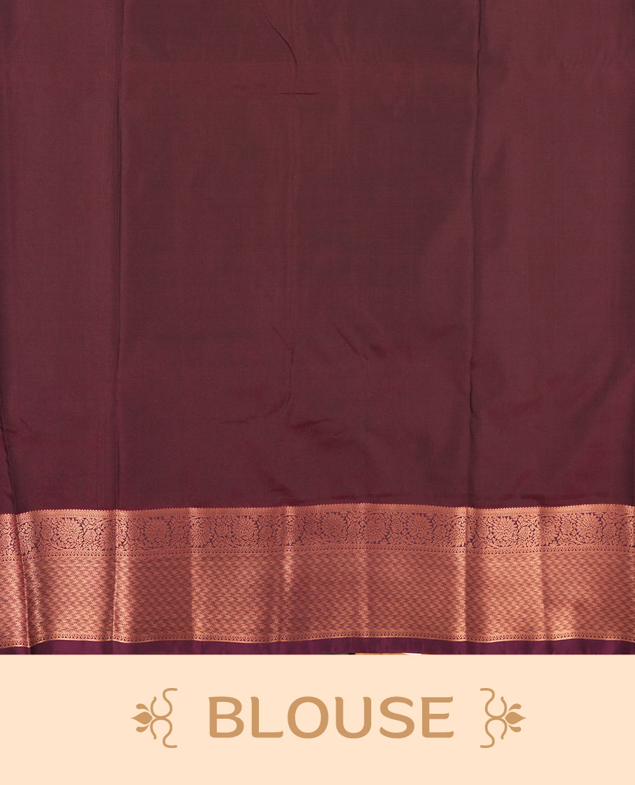 Olive brown colour Semi Silk Saree with copper zari checkered on the body, paired with a contrast burnt maroon colour pallu with copper zari traditioal border, and a matching blouse piece.