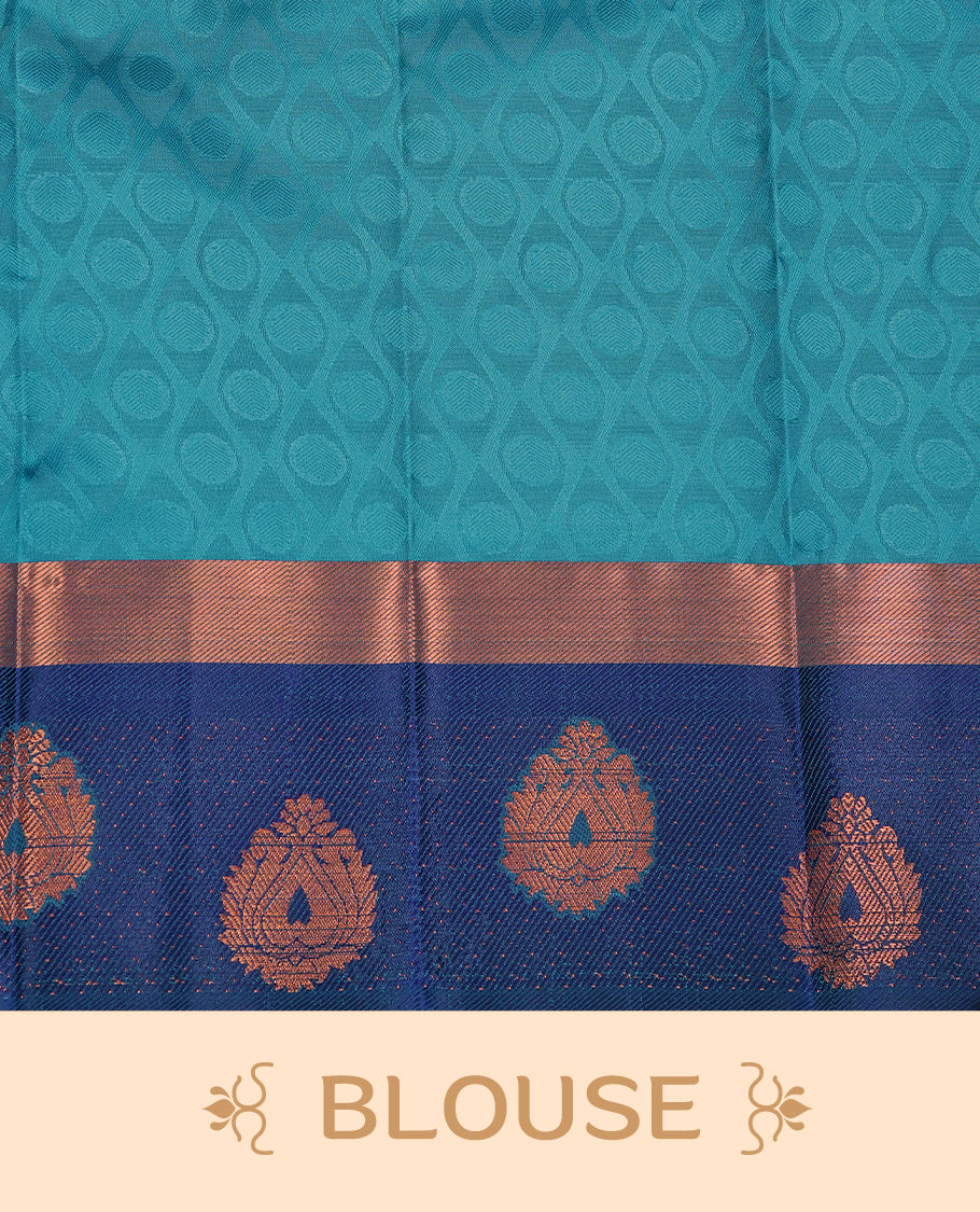 Teal green colour Semi silk saree Featuring self colour zari pattern on body, complemented by contrast Blue colour with gold zari border, paired with matching blouse piece.