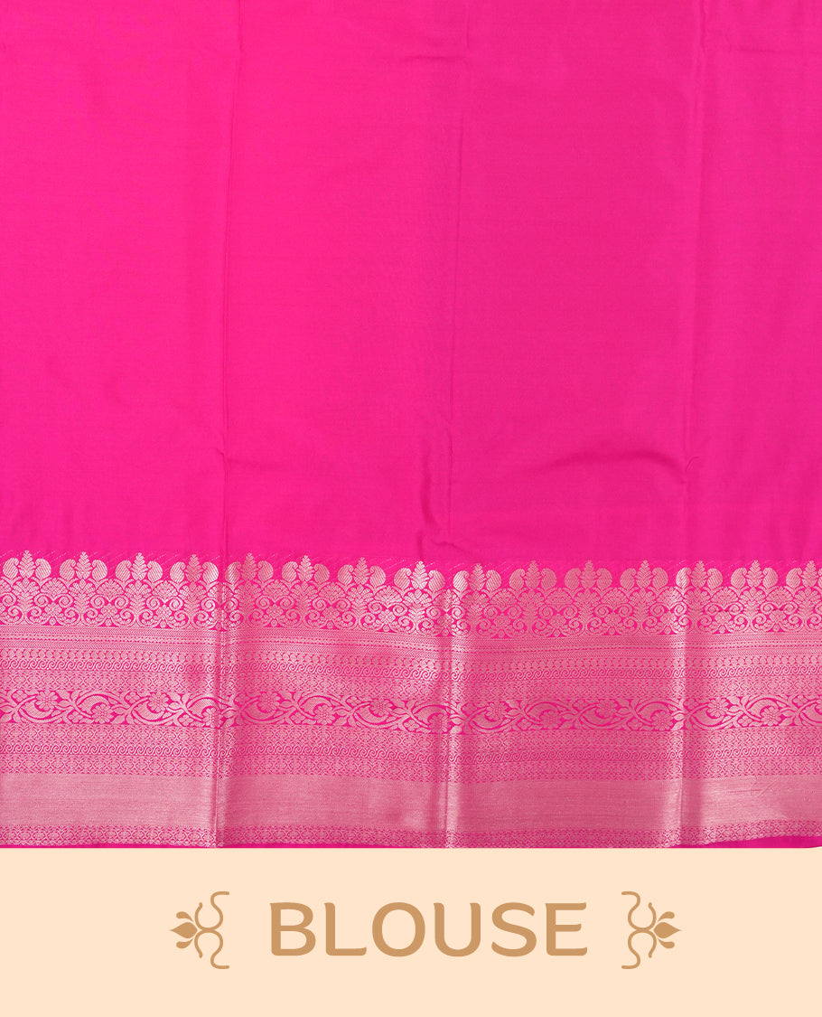 Pine green colour Semi Silk Saree with rose gold zari checkered on the body, paired with a contrast Teal green colour pallu with rose gold zari traditioal border, and a matching blouse piece.