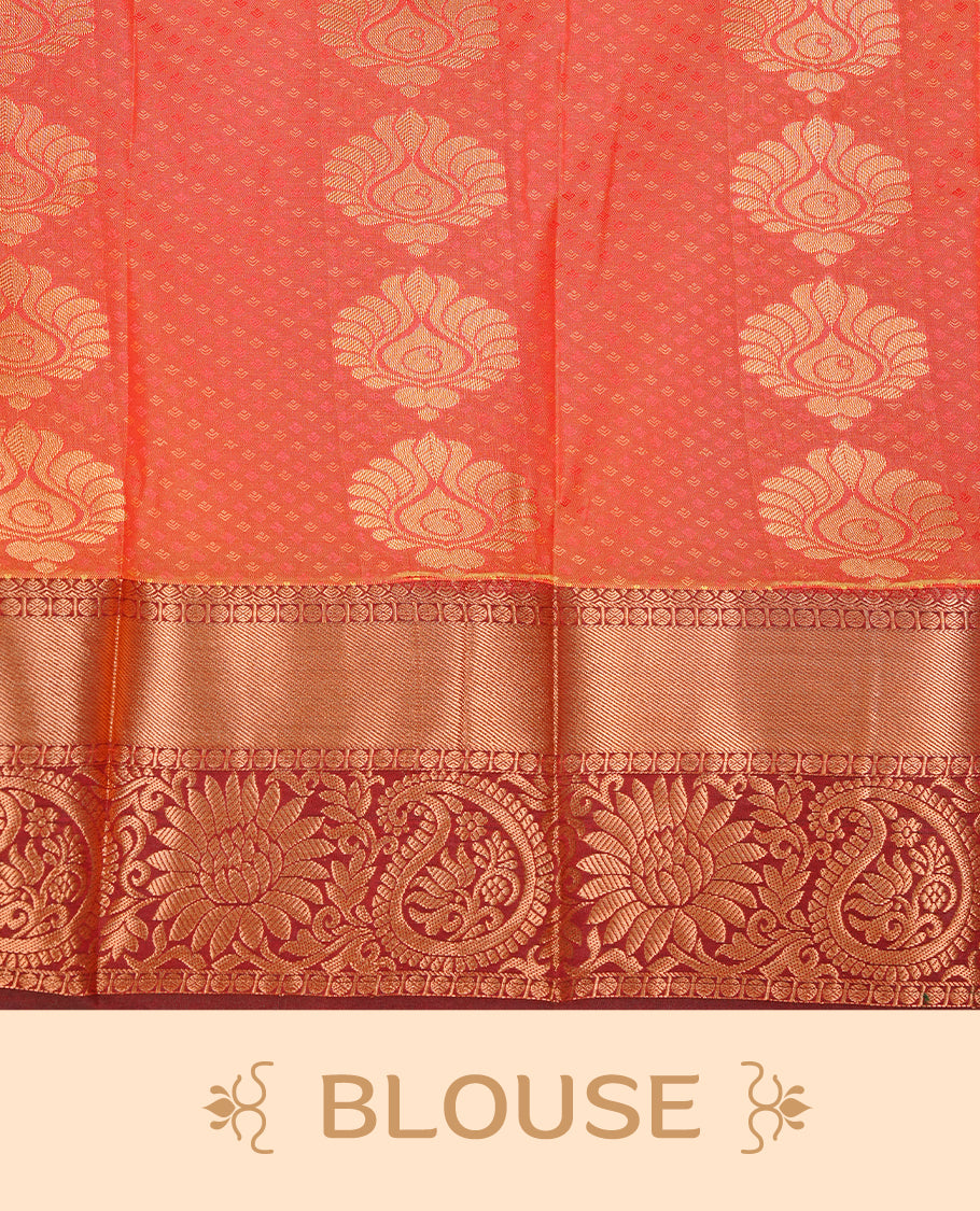 Rust Orange colour Semi silk saree Featuring gold zari motifs on body, complemented by contrast Maroon colour with gold zari border, paired with matching blouse piece.