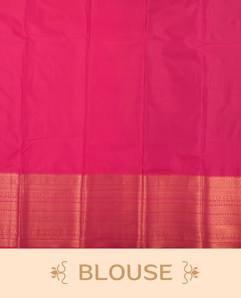 Dark green colour Semi Silk Saree with gold zari stripes on the body, paired with a contrast rani pink colour pallu with coppper zari traditioal border, and a matching blouse piece.