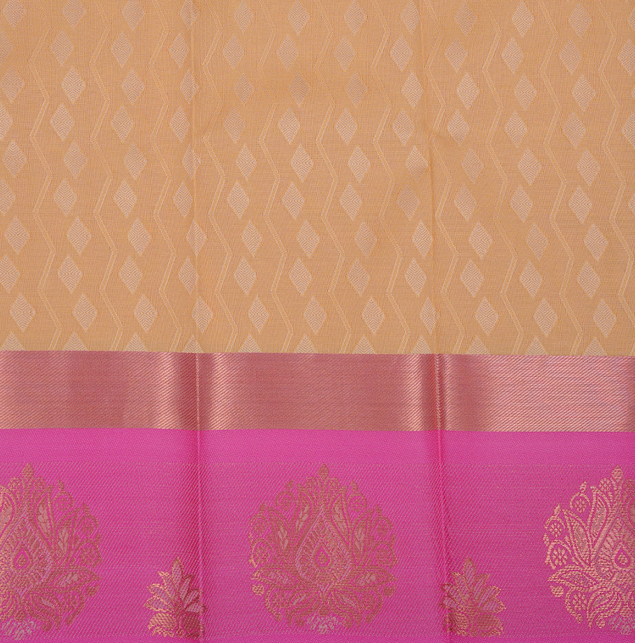 Pale yellow colour Semi silk saree featuirng Cream colour patterns on body, complemented by contrast magenta colour with gold zari border, paired with matching blouse piece.