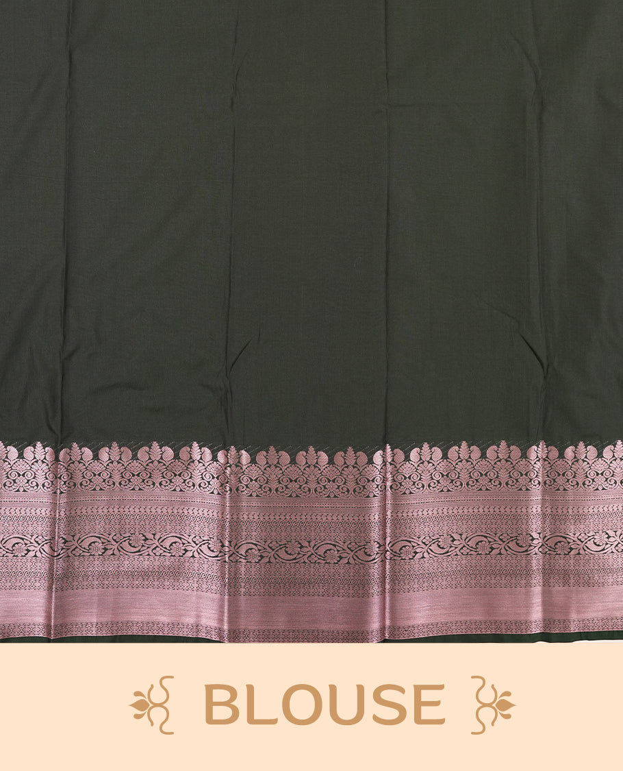 Rose taupe colour Semi Silk Saree with rose gold zari check pattern on the body, paired with a contrast Dark green colour pallu with rose gold zari traditioal border, and a matching blouse piece.