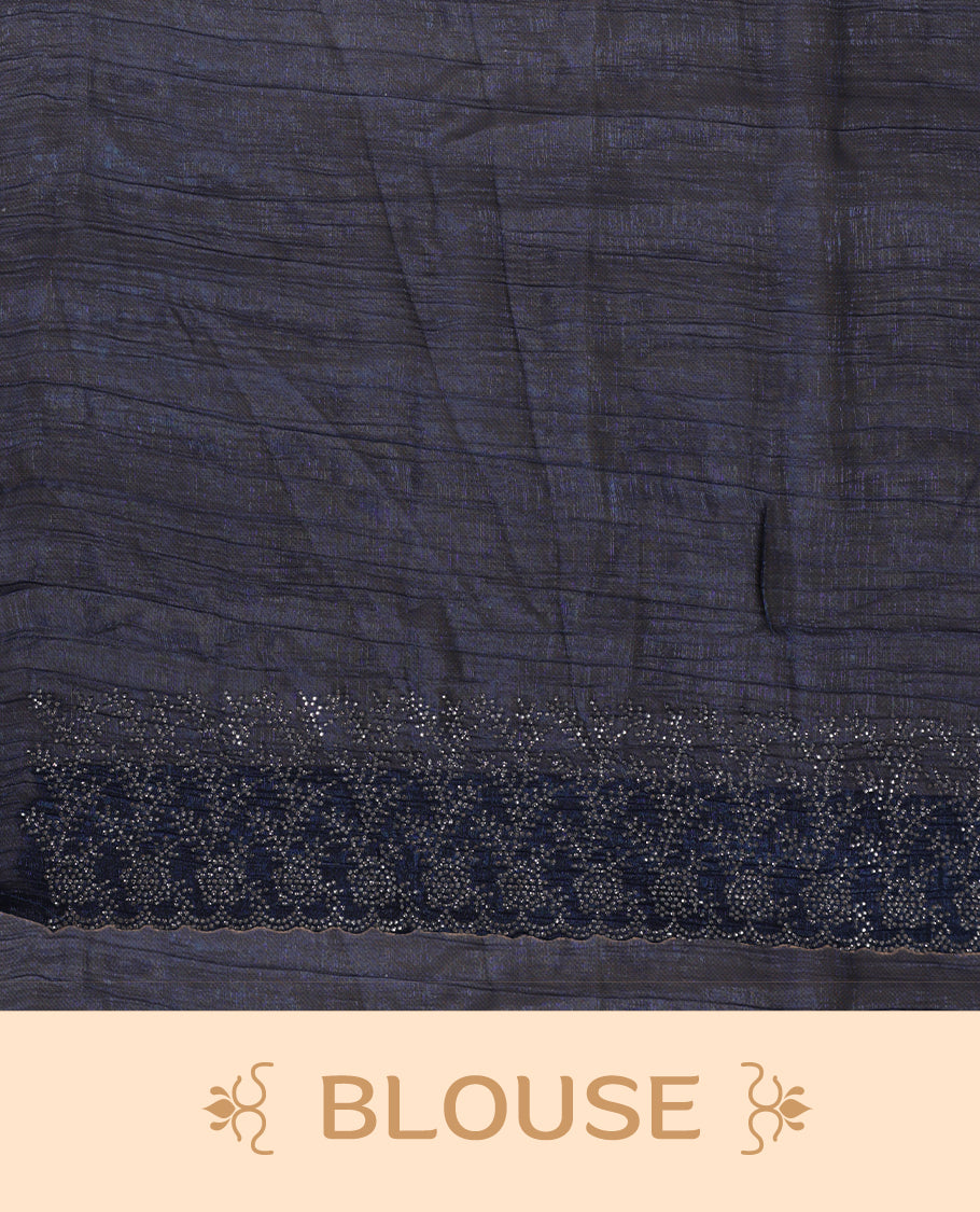 Dark blue colour chiffon designer saree, featuring white stone all over on body, heavy stone patttern on border and pallu, Paired with matching blouse.
