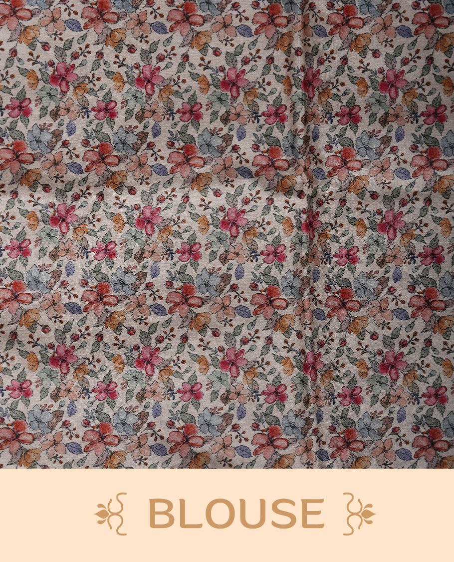 Ivory off white semi tusser silk saree featuring delicate multicolour floral prints across the pallu and lower body finished with a subtle self border and paired with a matching floral printed blouse.