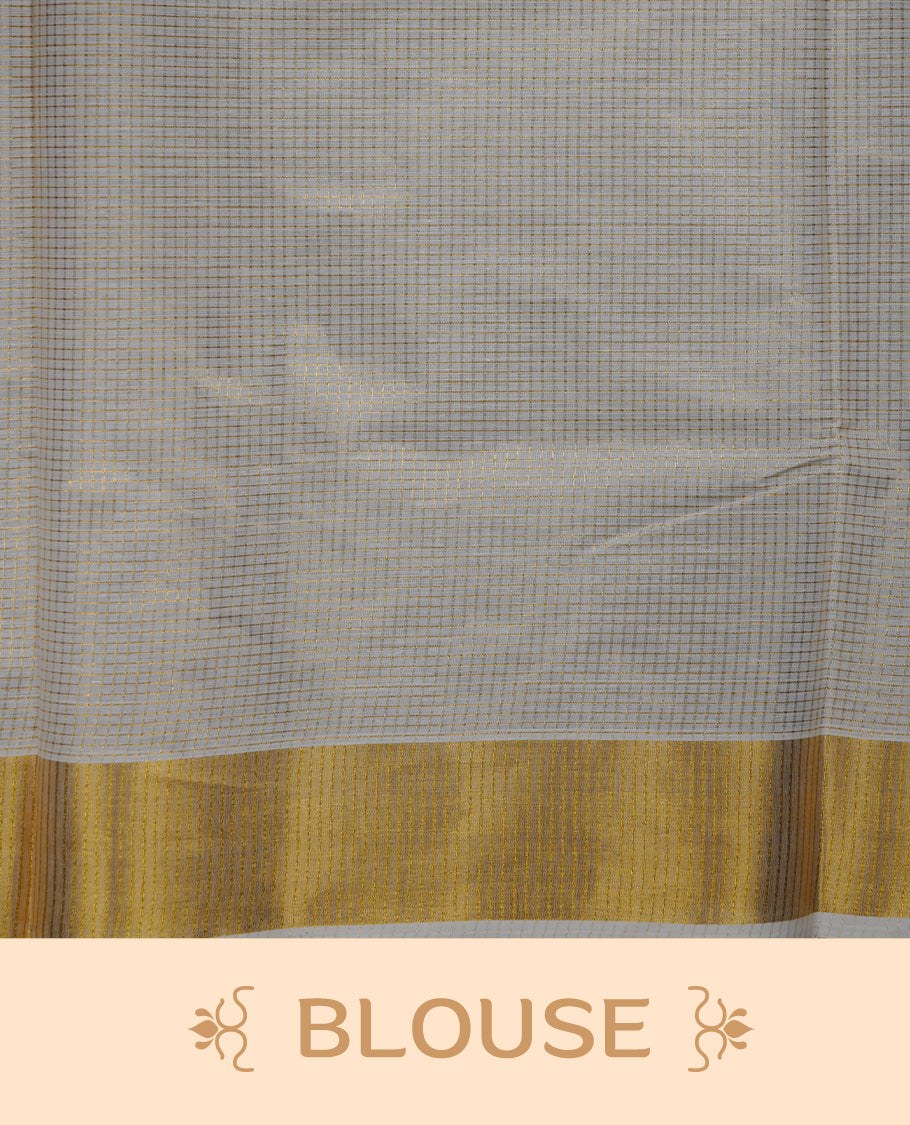 Elegant off-white colour cotton Kerala saree, highlighted with a classic gold kasavu border and subtle woven checks across the body. Finished with a clean, traditional pallu with a coordinating blouse.
