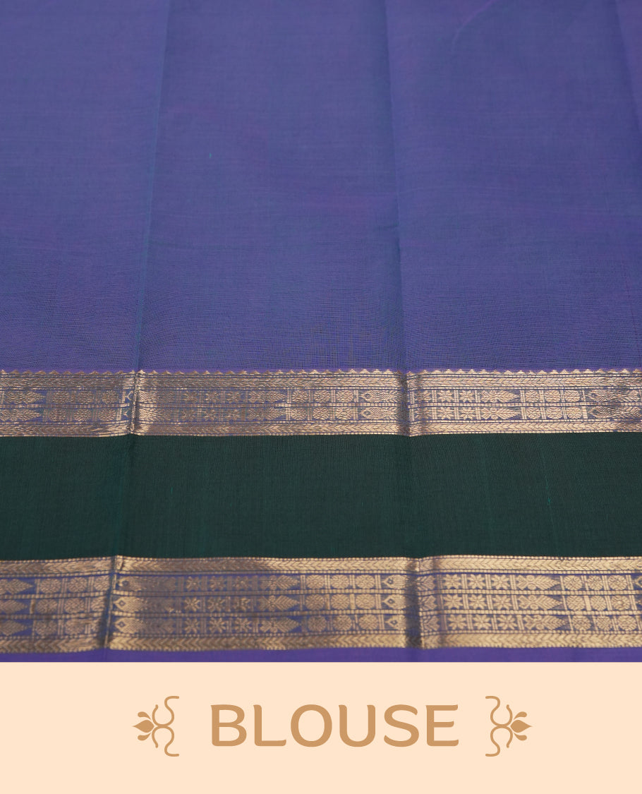 Blue & Purple Double shaded colour pure Kanchi cotton saree with subtle buttas, enhanced by a contrasting green border with rich silver zari wor & Paired with a matching blouse, it offers an elegant and traditional appeal for any occasion.