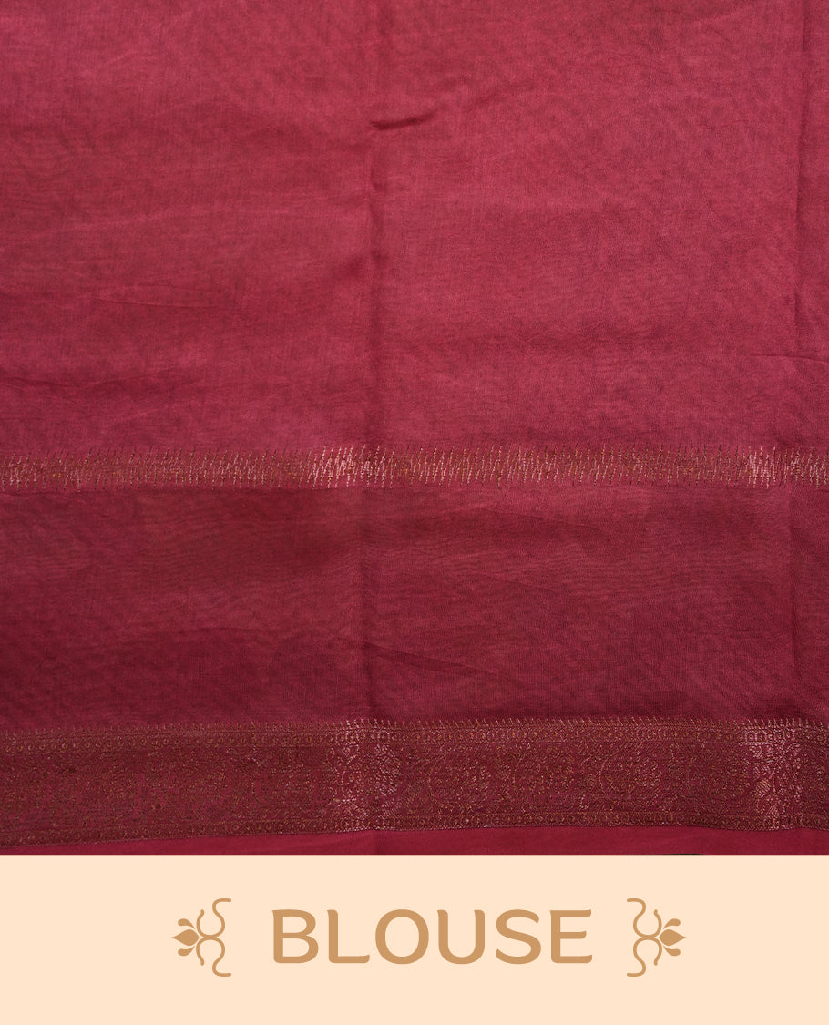 Purple colour chanderi silk saree featuring floral kodi print pattern across body, with contrast red colour border with zari pattern and paired with matching blouse.