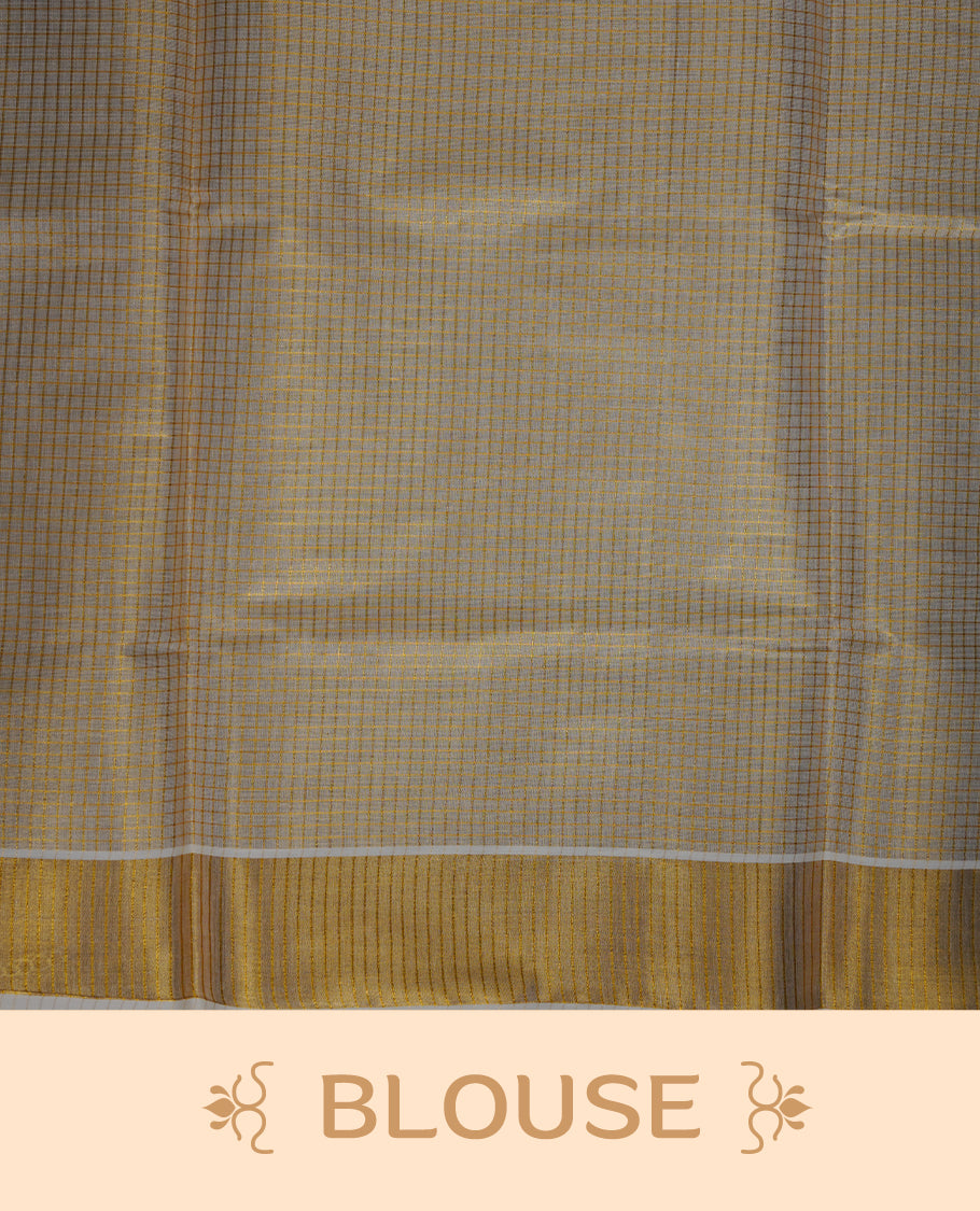 Off-white colour tissue Kerala saree featuring subtle gold checks throughout the body, finished with a classic gold kasavu border and a graceful pallu, paired with a matching blouse.