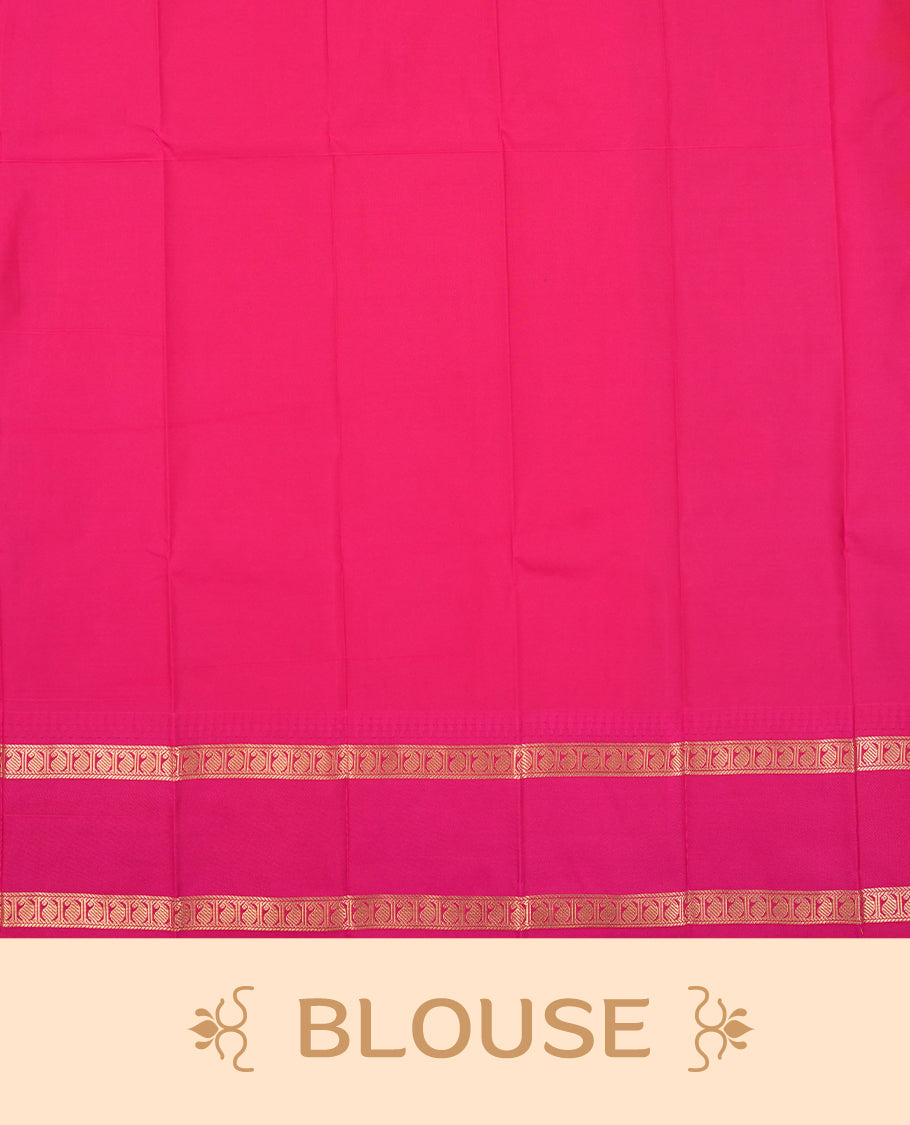 Orange Colour Semi Silk Saree with Golden Paisley Butta Motifs, Contrasting Hot Pink Golden Zari Pallu & Border, Geometric Patterns, and Matching Blouse Piece