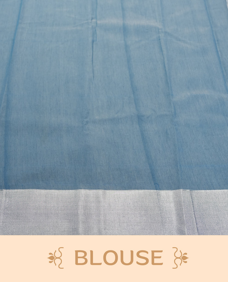 Sky Blue Silk Cotton Saree with Silver Butta Body, Accented by Silver Zari Ornamental Border on Grand Pallu, Paired with Matching Blouse Piece