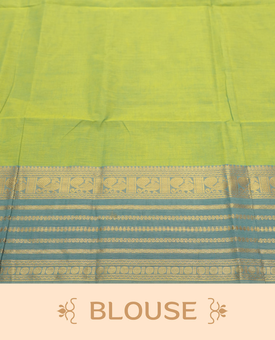 Lime Green colour Silk Cotton Saree with Dual-Tone Teal Zari Border Featuring Peacock Panels and Geometric Stripes, Clean Body, Striped Zari Pallu, and a Coordinated Matching Blouse Piece